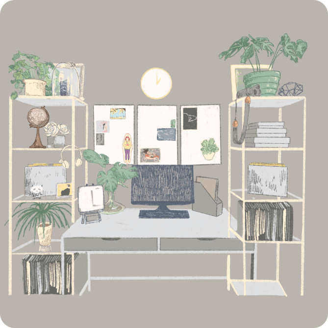 a cute desk with a computer and shelves on either side